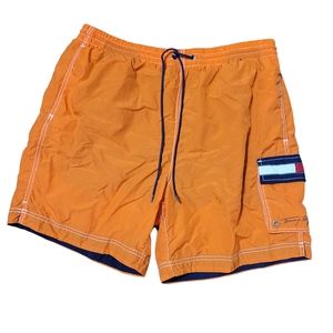 Tommy Hilfiger Mens Orange Swim Trunks Board Shorts spellout beach swim Size L